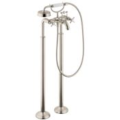 Axor Montreux Floor Mounted Tub Filler with Diverter, Metal Cross Handles, 50" Techniflex Hose and 2.5 GPM Single Function Hand Shower Less Valve - Engineered in Germany, Limited Lifetime Warranty Brushed Nickel