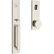 Baldwin Santa Cruz Full Plate Single Cylinder Keyed Entry Handleset with Interior Contemporary Knob and Emergency Egress Function for Thick Doors Lifetime Polished Nickel