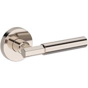 Baldwin Riddling Non-Turning Two-Sided Dummy Door Lever Set with Contemporary Round Rose from the Reserve Collection Lifetime Polished Nickel