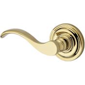 Baldwin Curve Left Handed Non-Turning One-Sided Surface Mount Dummy Door Lever with Round Rosette from the Reserve Collection Lifetime Polished Brass