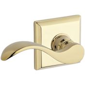 Baldwin Curve Left Handed Non-Turning One-Sided Surface Mount Dummy Door Lever with Square Rosette from the Reserve Collection Lifetime Polished Brass
