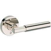 Baldwin Riddling Non-Turning One-Sided Dummy Door Lever with Contemporary Round Rose from the Reserve Collection Lifetime Polished Nickel