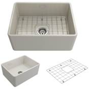 Bocchi Classico 24" Farmhouse Single Basin Fireclay Kitchen Sink with Basin Rack and Basket Strainer Biscuit