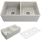 Bocchi Classico 33" Farmhouse Double Basin Fireclay Kitchen Sink with Basin Rack and Basket Strainer Biscuit