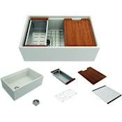 Bocchi Contempo Step-Rim 30" Farmhouse Single Basin Fireclay Kitchen Sink with Basin Rack, Basket Strainer, Colander and Cutting Board Biscuit