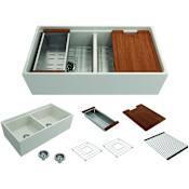 Bocchi Contempo Step-Rim 36" Farmhouse Double Basin Fireclay Kitchen Sink with Basin Rack, Basket Strainer, Colander and Cutting Board Biscuit