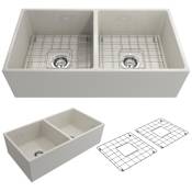 Bocchi Contempo 36" Farmhouse Double Basin Fireclay Kitchen Sink with Basin Rack and Basket Strainer Biscuit