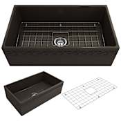 Bocchi Vigneto 33" Farmhouse Single Basin Fireclay Kitchen Sink with Basin Rack and Basket Strainer Matte Brown