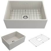 Bocchi Contempo 27" Farmhouse Single Basin Fireclay Kitchen Sink with Basin Rack and Basket Strainer Biscuit