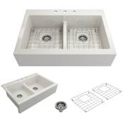 Bocchi Nuova 34" Drop In Double Basin Fireclay Kitchen Sink with Basin Rack and Basket Strainer Biscuit