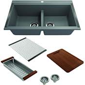 Bocchi Baveno Lux 33-3/4" Undermount Double Basin Granite Kitchen Sink with Basket Strainer, Colander and Cutting Board Concrete Gray