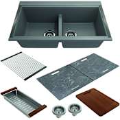 Bocchi Baveno Lux 33-3/4" Undermount Double Basin Granite Kitchen Sink with Basket Strainer, Colander, Cutting Board and Sink Covers Concrete Gray