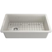 Bocchi Sotto Step-Rim 34" Undermount Single Basin Fireclay Kitchen Sink with Basin Rack, Basket Strainer, Colander and Cutting Board Biscuit
