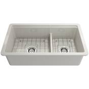 Bocchi Sotto Step-Rim 34" Undermount Double Basin Fireclay Kitchen Sink with Basin Rack, Basket Strainer, Colander and Cutting Board Biscuit