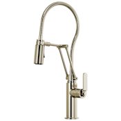 Brizo Litze 1.8 GPM Pre-Rinse Pull-Down Kitchen Faucet with Dual Jointed Articulating Arm, Industrial Handle and Metal Finished Hose Brilliance Polished Nickel