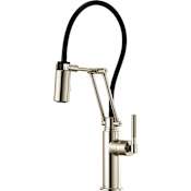 Brizo 1.8 GPM Pre-Rinse Pull-Down Kitchen Faucet with Dual Jointed Articulating Arm, Knurled Handle and Black Hose Brilliance Polished Nickel