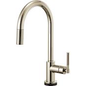 Brizo Litze 1.8 GPM Single Hole SmartTouch Pull Down Kitchen Faucet with On/Off Touch Activation, Arc Spout and Knurled Handle Brilliance Polished Nickel