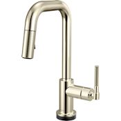 Brizo Litze 1.8 GPM Single Hole Pull Down Prep/Bar Faucet with On/Off Touch Activation, Square Spout and Knurled Handle Brilliance Polished Nickel