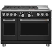 Cafe 48 Inch Wide Smart Dual-Fuel Professional Range with 6 Burners and Griddle Matte Black / Brushed Stainless
