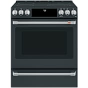Cafe 30 Inch Wide 5.7 Cu. Ft. Slide In Radiant Electric Range with Touch Controls and Warming Drawer Matte Black / Brushed Stainless