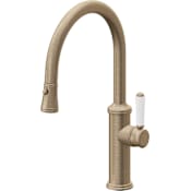 California Faucets Davoli 1.8 GPM Single Hole Pull Down Kitchen Faucet with 35 Series Handle and Low Arc Spout Antique Brass Flat