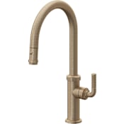California Faucets Descanso 1.8 GPM Single Hole Pull Down High Spout Kitchen Faucet with Knurled Lever Handle With High Arc Spout Antique Brass Flat