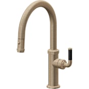 California Faucets Descanso 1.8 GPM Single Hole Pull Down Low Spout Kitchen Faucet with Carbon Fiber Lever Handle Antique Brass Flat