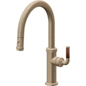 California Faucets Descanso 1.8 GPM Single Hole Pull Down Kitchen Faucet with Low Arc Spout, Button Spray Head, and Teak Lever Handle Antique Brass Flat