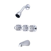 Central Brass Triple Handle Tub and Shower Trim with Shower Head, Slip-On Combo Tub Spout, and Knob Handles with 8" Centers Polished Chrome