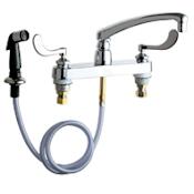 Chicago Faucets Commercial Grade Kitchen Faucet with Wrist Blade Handles and Side Spray - 8" Faucet Centers Chrome