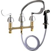 Chicago Faucets Commercial Grade Low Arch Kitchen Faucet with Wrist Blade Handles and Side Spray - 8" Faucet Centers Chrome