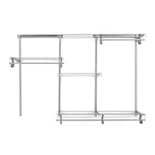 ClosetMaid ShelfTrack 4 to 6 Foot Wide 4 Shelf Steel Wire Vinyl Coated Closet Organizer System with 3 Hanging Rods Satin Chrome