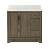 CRAFT + MAIN Lanagan 36" Free Standing Single Basin Vanity Set with Cabinet and Calacatta Bianco Quartz Vanity Top with Single Faucet Hole Shaded Timber