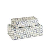 Currey and Company Sky Blue 2" Tall Bone, Wood Boxes - Set of 2 Blue / White