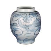 Currey and Company Ming-Style Countryside 14-1/2" x 13" Porcelain Planter Off-White / Pale Blue