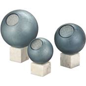 Currey and Company Set of (3) Fresno Glass Orb Figurine with Marble Block Base Indigo Blue / Natural