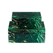 Currey and Company Interstellar 3" Tall Engineered Wood, Glass, Paper Boxes - Set of 2 Dark Green