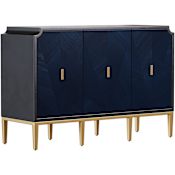 Currey and Company Kallista 54" Wide Mahogany Veneers Brass Storage Cabinet with 3 Cabinet Doors Dark Sapphire / Caviar Black