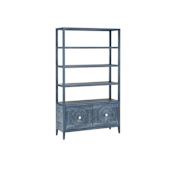 Currey and Company Santos 48" Wide Grasscloth, Mahogany, and Rattan Shelves Vintage Navy / Brushed Brass