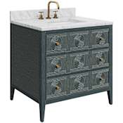 Currey and Company Santos 36" Free Standing Single Basin Vanity Set with Cabinet and Marble Vanity Top Navy / White / Brushed Brass / Polished Nickel