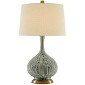 Currey and Company Cait 30" Tall Vase Table Lamp with Linen Shade Grass Green / Antique Brass