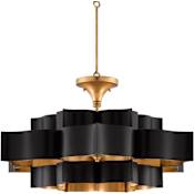 Currey and Company Grand Lotus 6 Light 30" Wide Wrought Iron Chandelier / Semi-Flush Ceiling Fixture Satin Black / Gold leaf