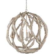 Currey and Company Driftwood 3 Light 29" Wide Wrought Iron Candle Style Chandelier Whitewashed Driftwood