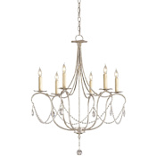 Currey and Company Crystal Lights 27" Wide 6 Light Wrought Iron Small Chandelier Silver Leaf