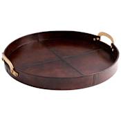 Cyan Design Bryant 20 Inch Diameter Wood and Leather Tray Made in India Brown