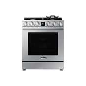 Dacor Transitional 30 Inch Wide 6 Cu. Ft. Slide In Gas Range with Dual Four-Part Pure Convection Silver Stainless