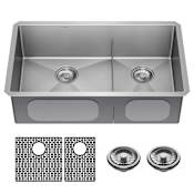 Delta Lenta 32” Undermount Stainless Steel 60/40 Double Bowl Kitchen Sink with Low Divide and Included Accessories Stainless Steel