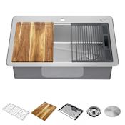 Delta Lorelai 33” Workstation Kitchen Sink Top Mount Drop-In 16 Gauge Stainless Steel Single Bowl with WorkFlow Ledge and Accessories Stainless Steel