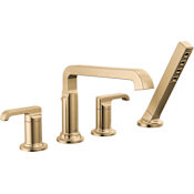 Delta Tetra Tub Deck Mounted Roman Tub Filler with Built-In Diverter and Hand Shower - Less Handles and Rough In Lumicoat Champagne Bronze