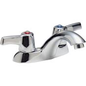 Delta Double Handle 1.5GPM Bathroom Faucet with Lever Blade Handles Vandal Resistant Aerator and Temperature Indicators from the Commercial Series Chrome